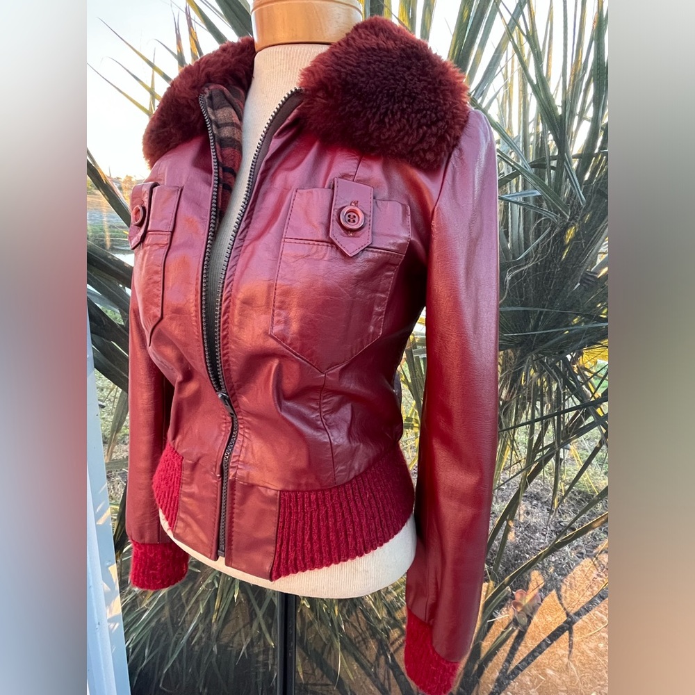 Hideaway Dark Red Leather Vintage Jacket w faux fur collar plaid lining